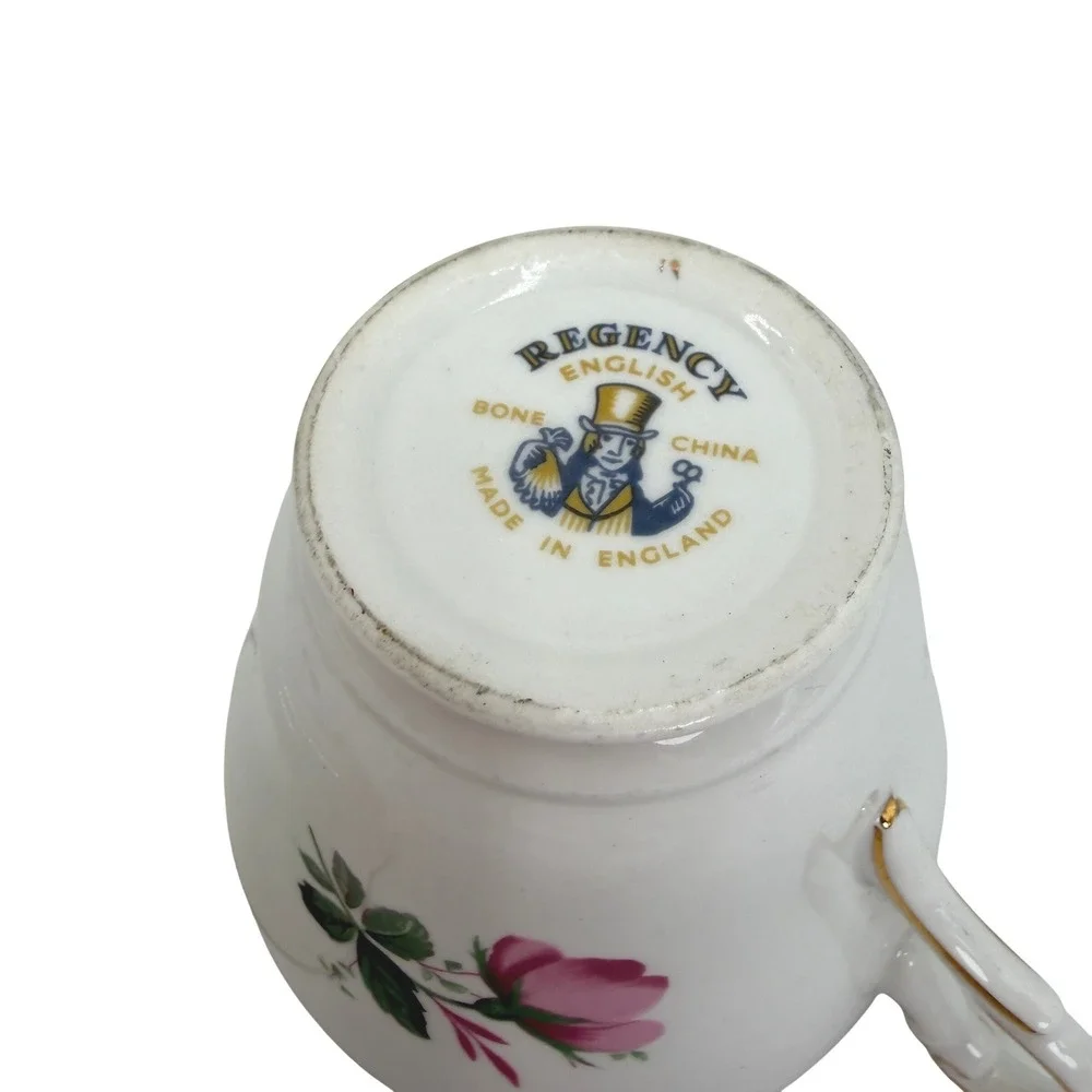 Regency English Bone China Tea Cup‎ Saucer Set White Pink Floral Gold Trim